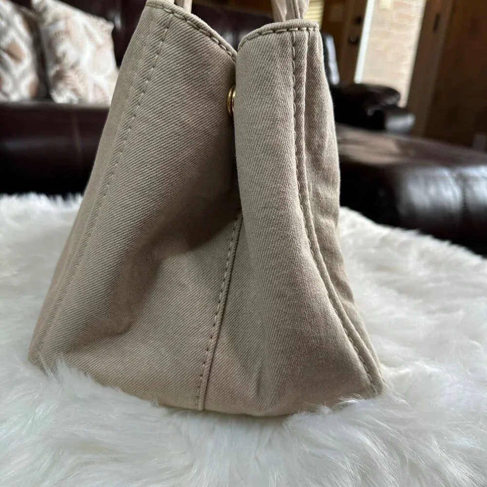 ❌SOLD❌Authentic Prada Canapa Logo/ Enamel Metal Triangle Denim Tote Bag - Picture 4 of 14